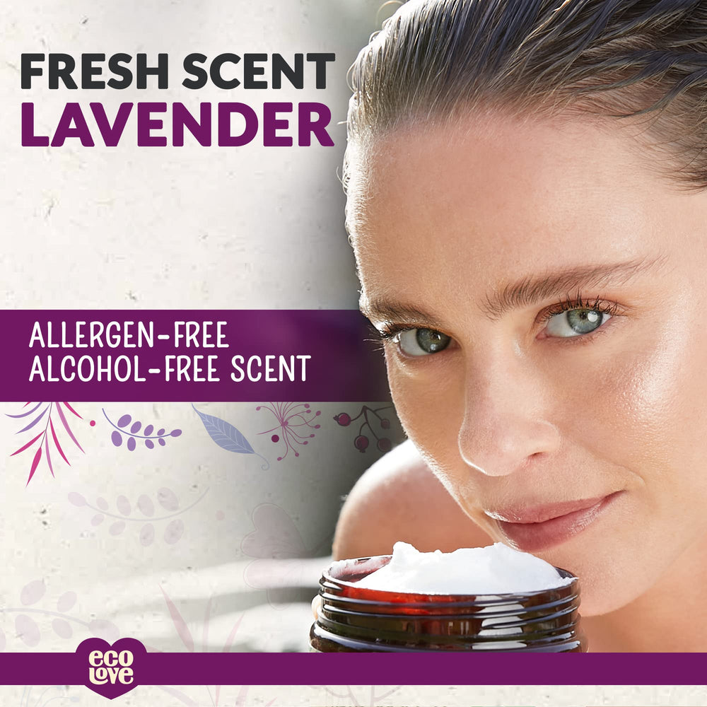 ecoLove lavender extract closeup emphasizes soothing scent for a calming routine.
