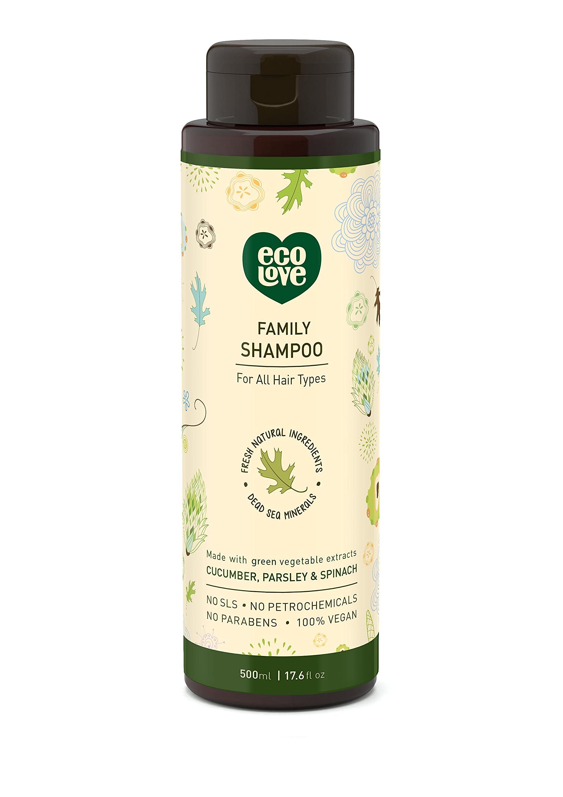 ecoLove natural shampoo bottle close-up highlighting SLS-free formula for all hair types
