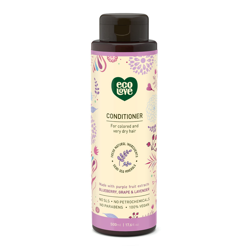 ecolove purple-collection conditioner bottle with lavender scent for hydrating dry hair.