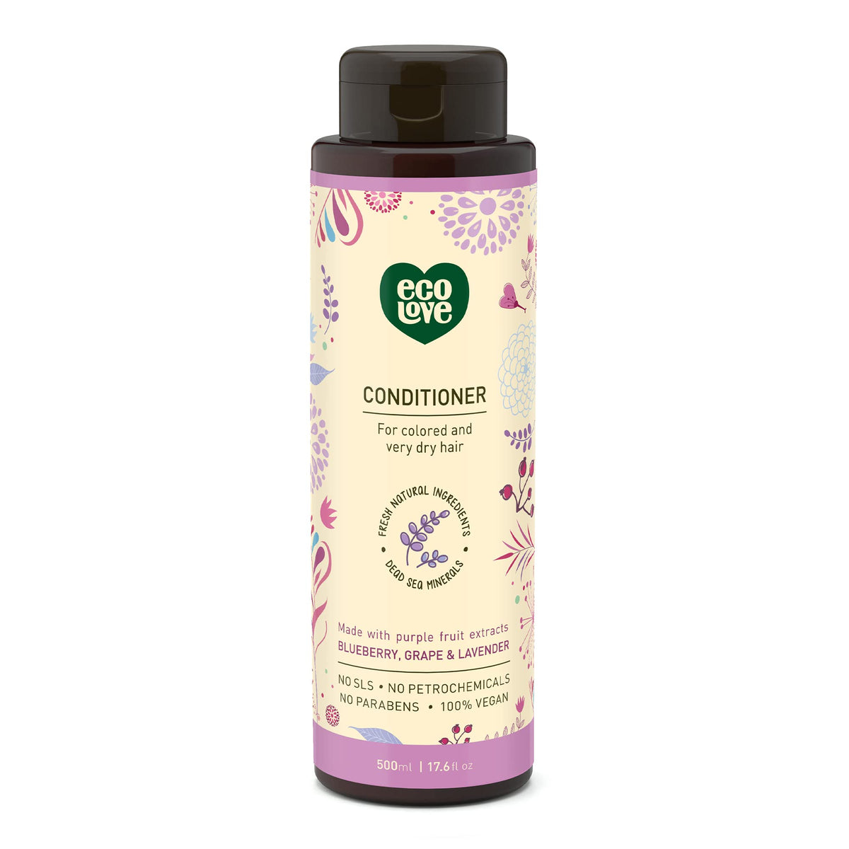 ecolove purple-collection conditioner bottle with lavender scent for hydrating dry hair.