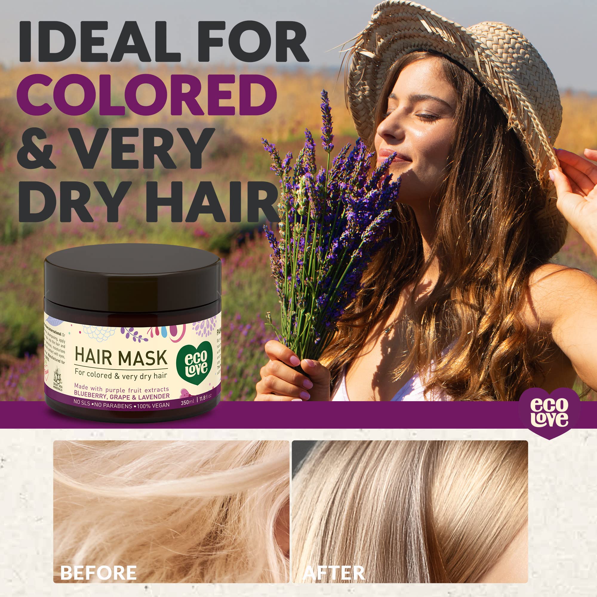 ecoLove purple collection conditioner bottle highlights detangling for smoother, frizz-free hair.