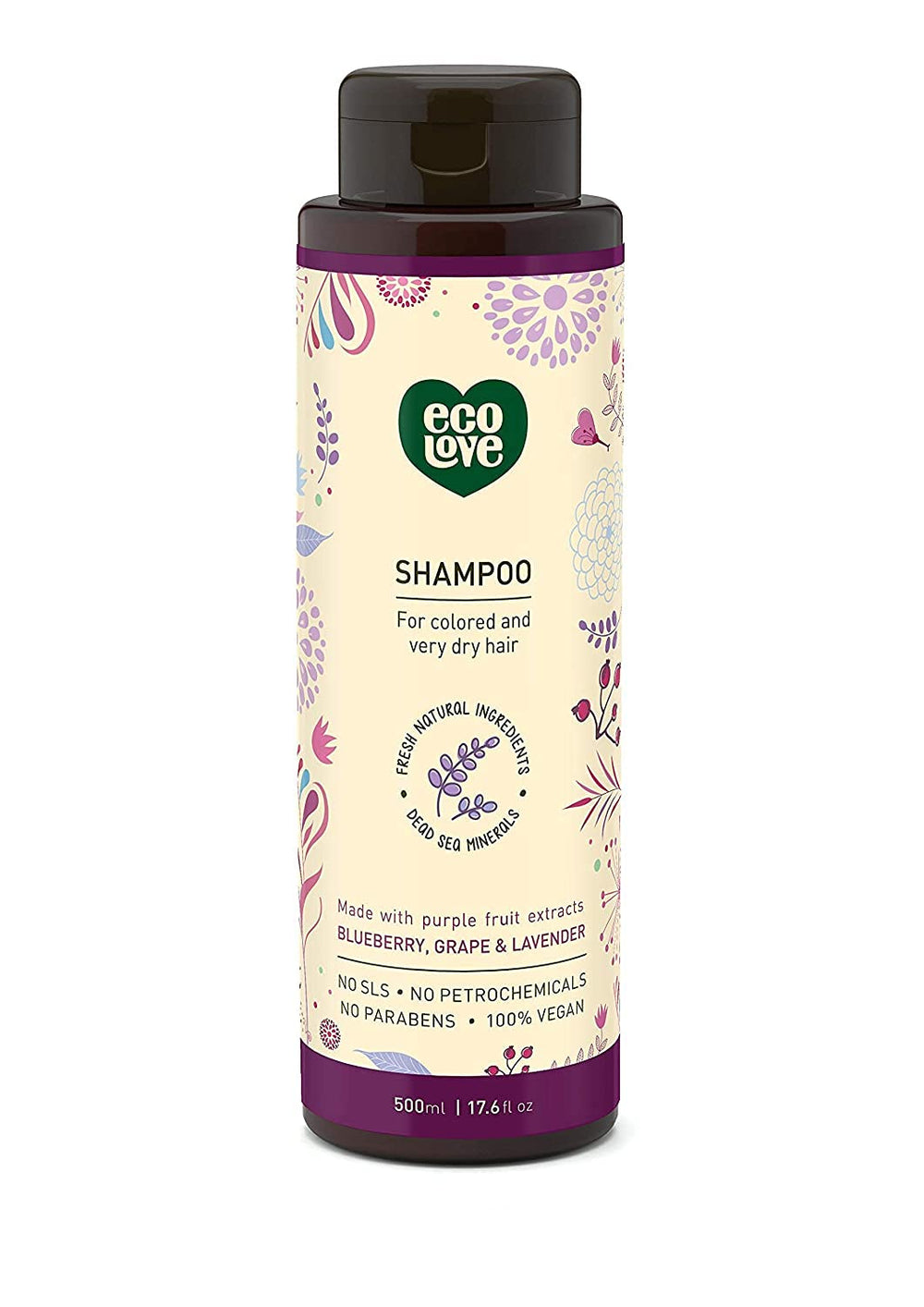 ecoLove Purple Shampoo bottle front highlighting its SLS-free formula for color-treated hair.