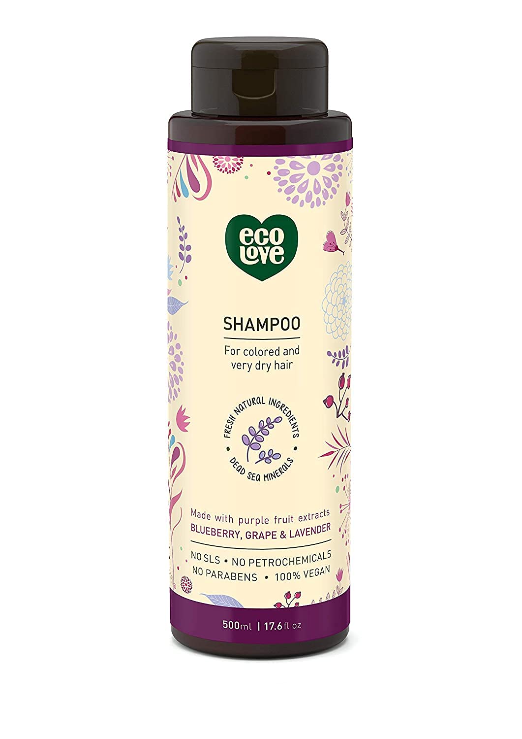 ecoLove Purple Shampoo bottle front highlighting its SLS-free formula for color-treated hair.