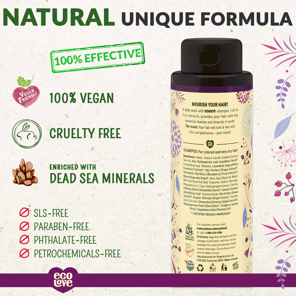 ecoLove Purple Shampoo label closeup showing vegan and cruelty-free promise for gentle cleansing.