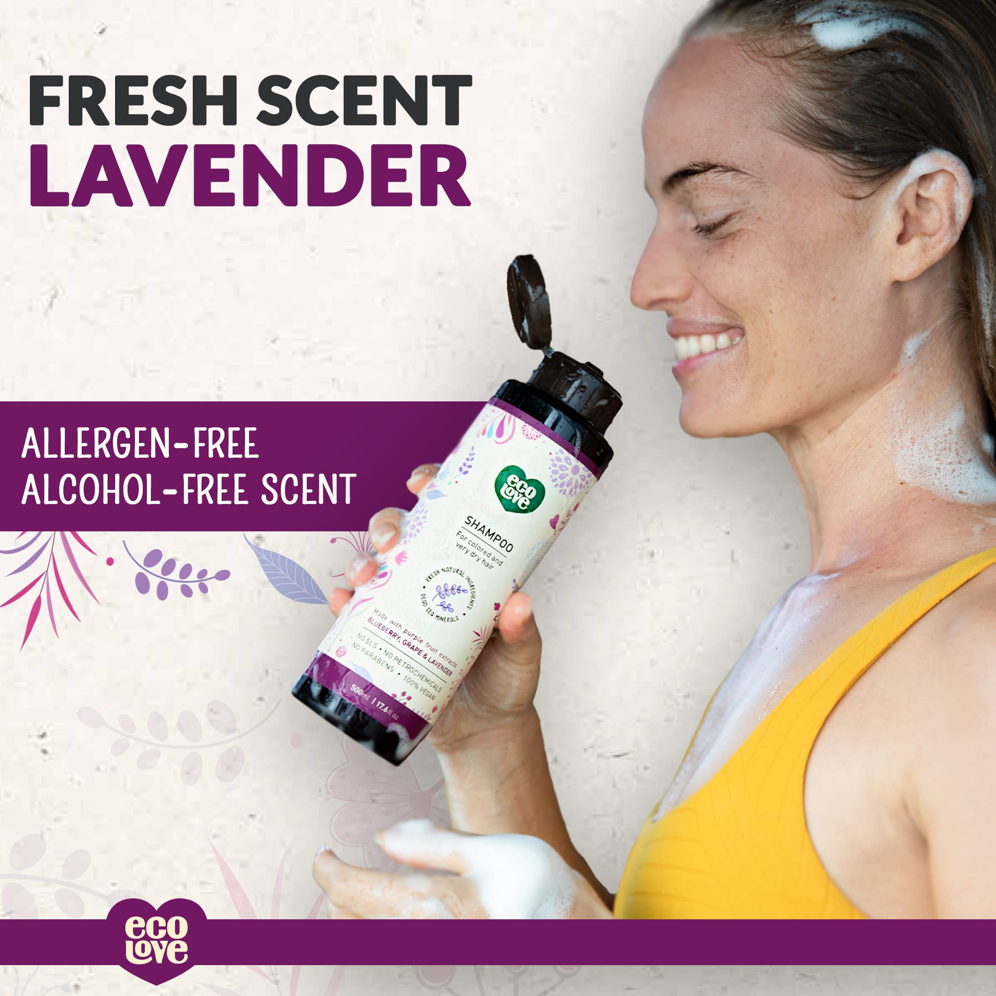 ecoLove Purple Shampoo lavender oil essences showing calming lavender scent for a soothing wash.