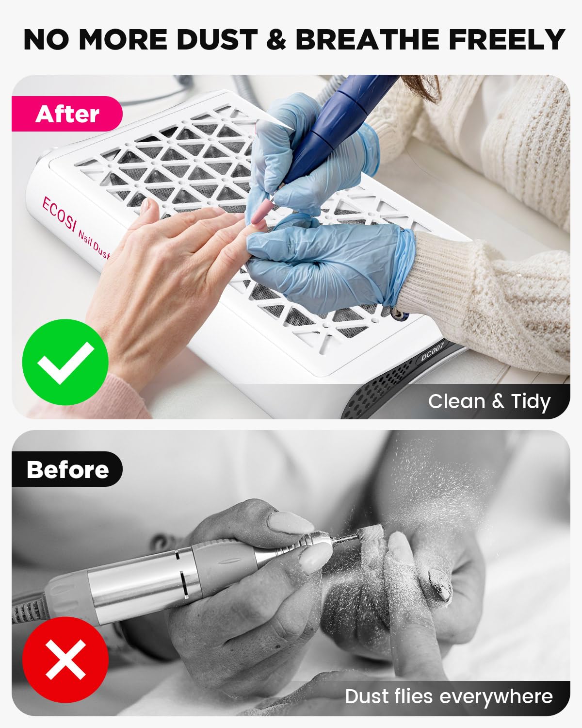 ECOSI Nail Dust Collector's 360-degree suction captures dust from all angles during manicures