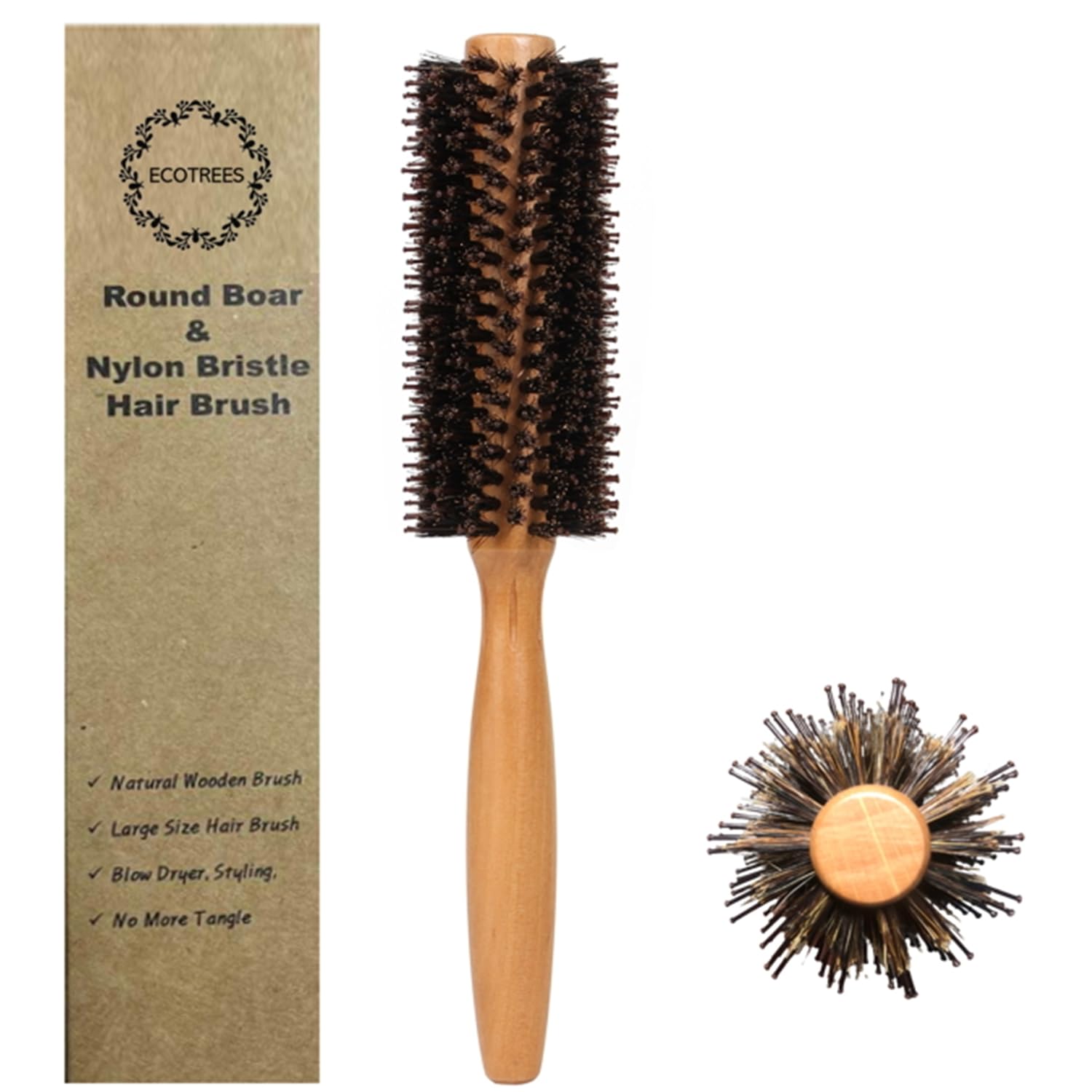 ECOTREES boar bristle round brush for blow dry and frizz reduction.