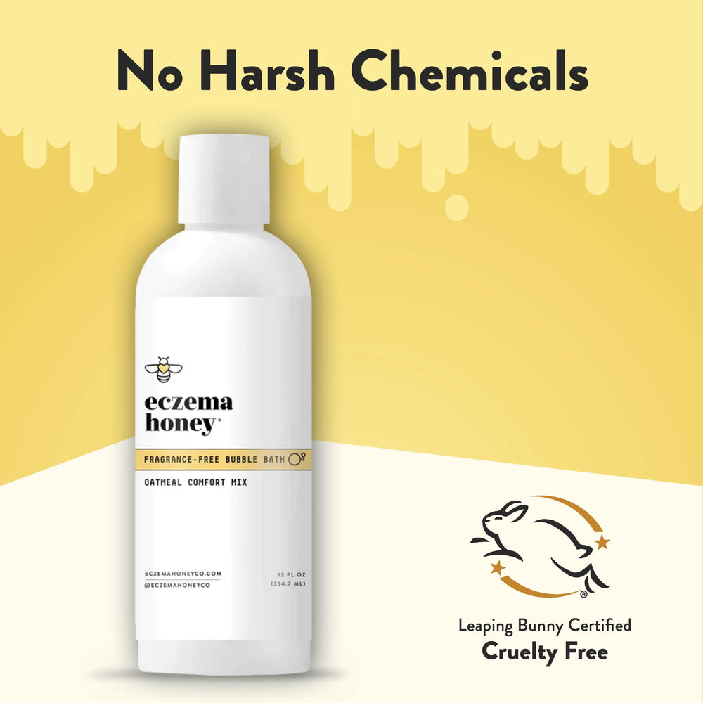 ECZEMA HONEY bathroom setup features soft towels and bubbles for a comforting soak.