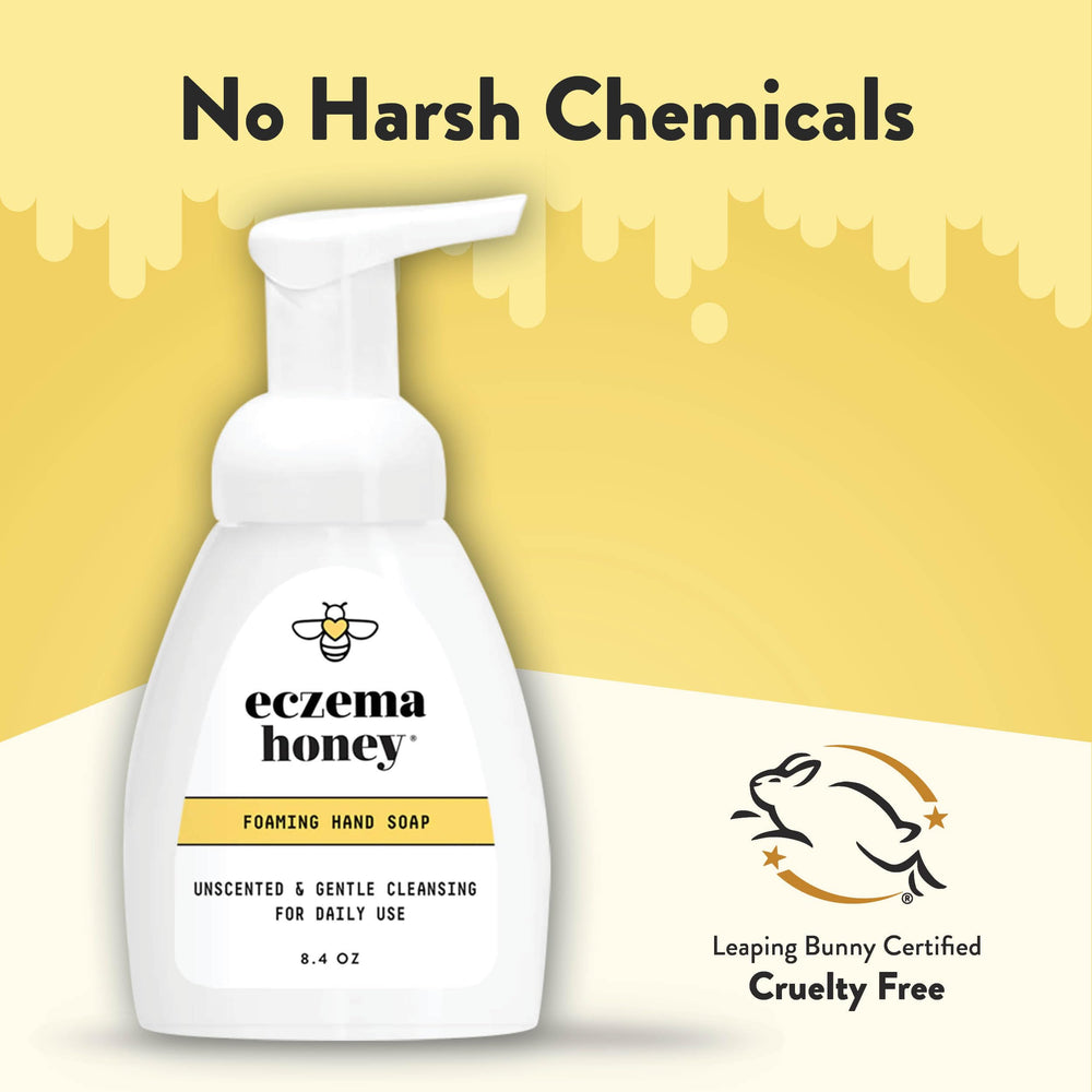 ECZEMA HONEY Gentle Foaming Hand Soap bathroom-use demonstrates clean, fragrance-free hand cleansing