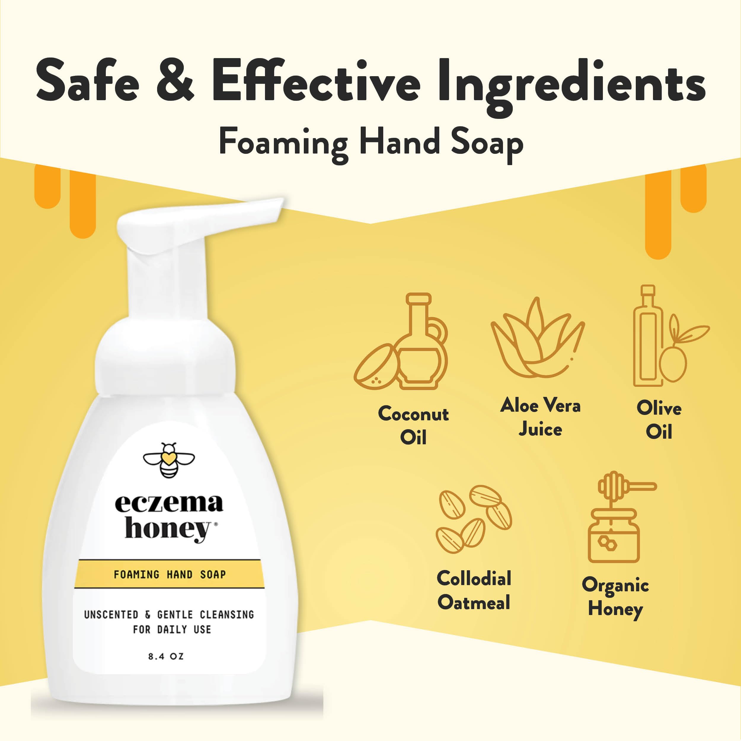 ECZEMA HONEY Gentle Foaming Hand Soap lather closeup shows creamy foam and skin-friendly ingredients
