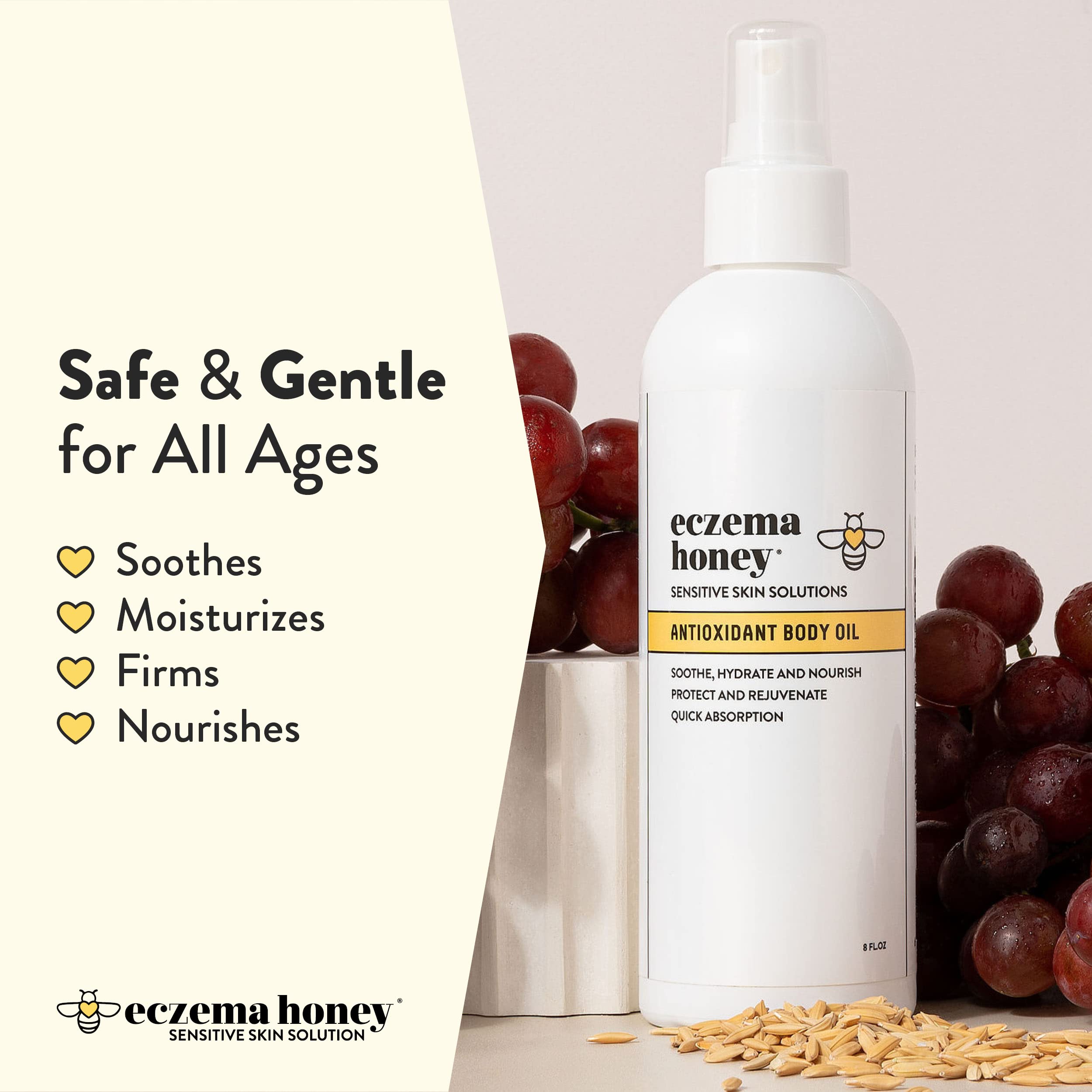 Oatmeal, grapeseed, and rosehip ingredients in Eczema Honey formula