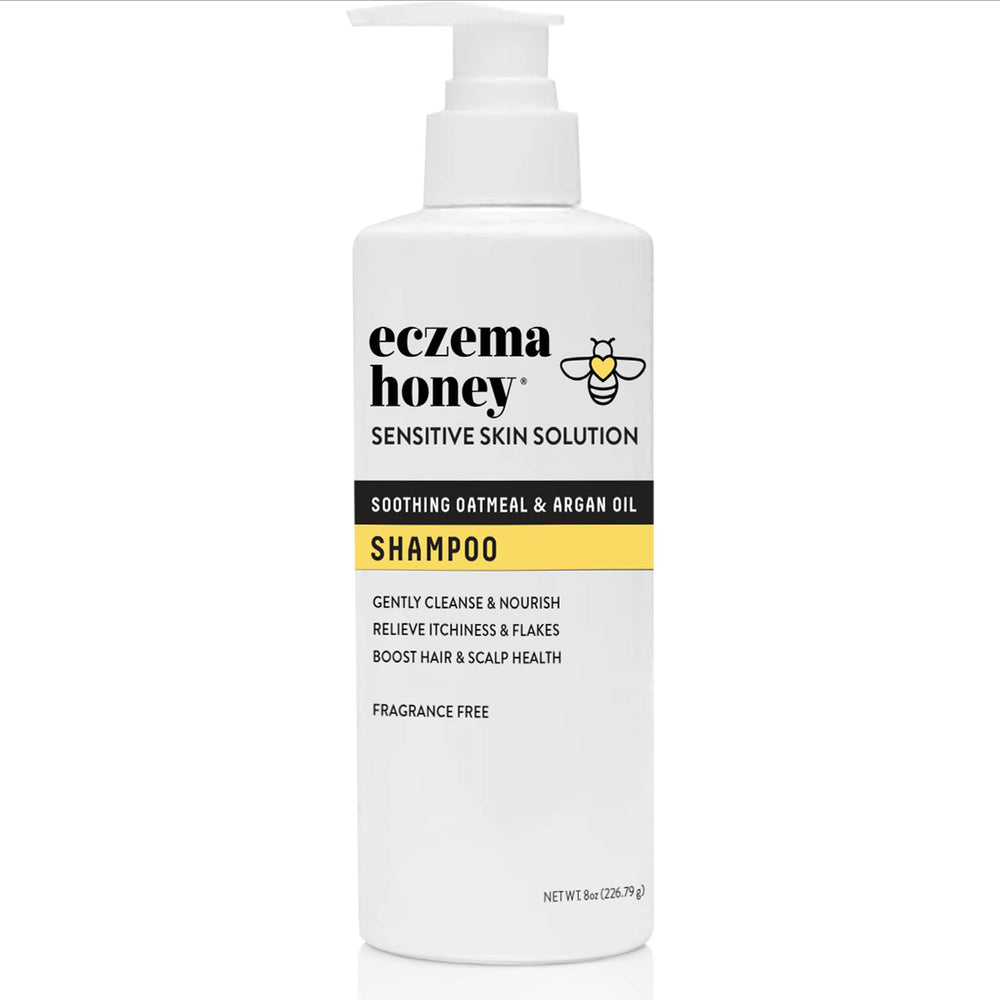 ECZEMA HONEY Nourishing Shampoo bottle pour showing daily scalp care and hydration.
