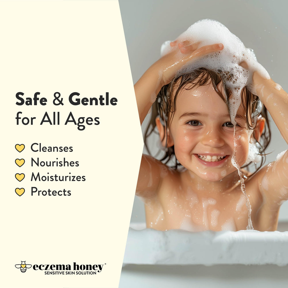 Hair after use with ECZEMA HONEY Nourishing Shampoo appears soft and shiny.