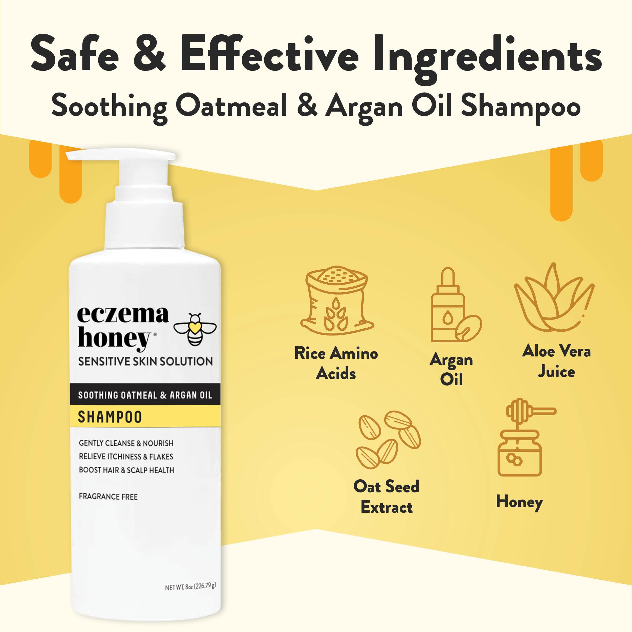 ECZEMA HONEY Nourishing Shampoo label close-up highlighting sensitive-skin ingredients.