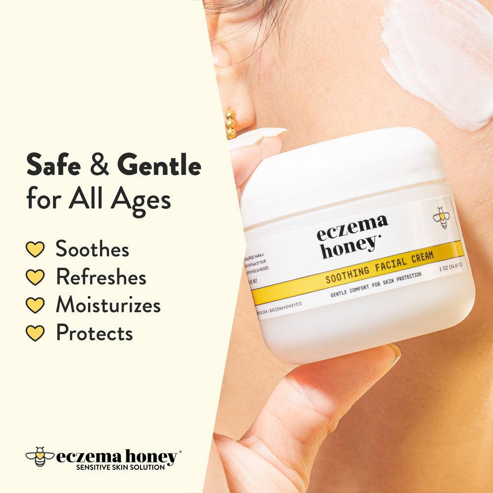 Eczema Honey soothing facial cream highlighting its natural ingredients.