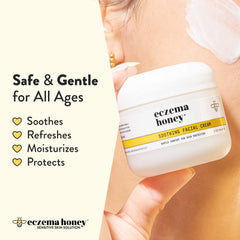 Eczema Honey soothing facial cream highlighting its natural ingredients.
