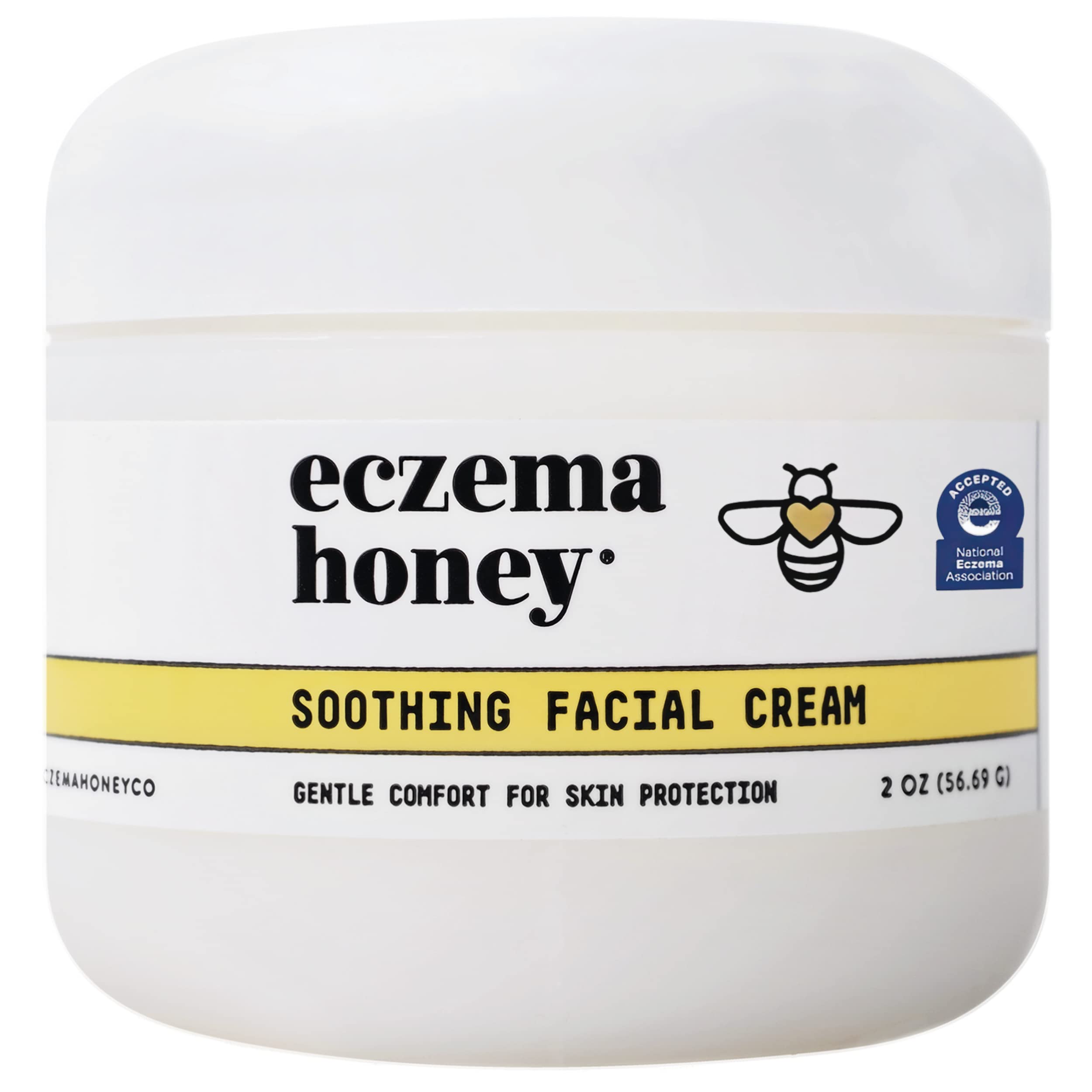 Eczema Honey soothing facial cream packaging showcasing natural skin care benefits.