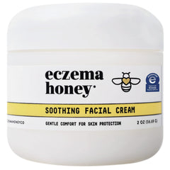 Eczema Honey soothing facial cream packaging showcasing natural skin care benefits.