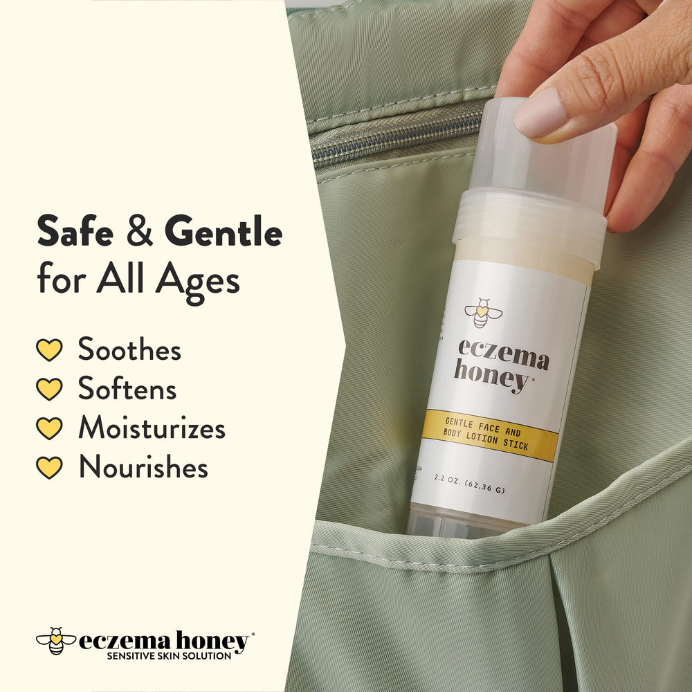 ECZEMA HONEY Gentle Lotion Stick close-up shows silky texture for sensitive-skin use.