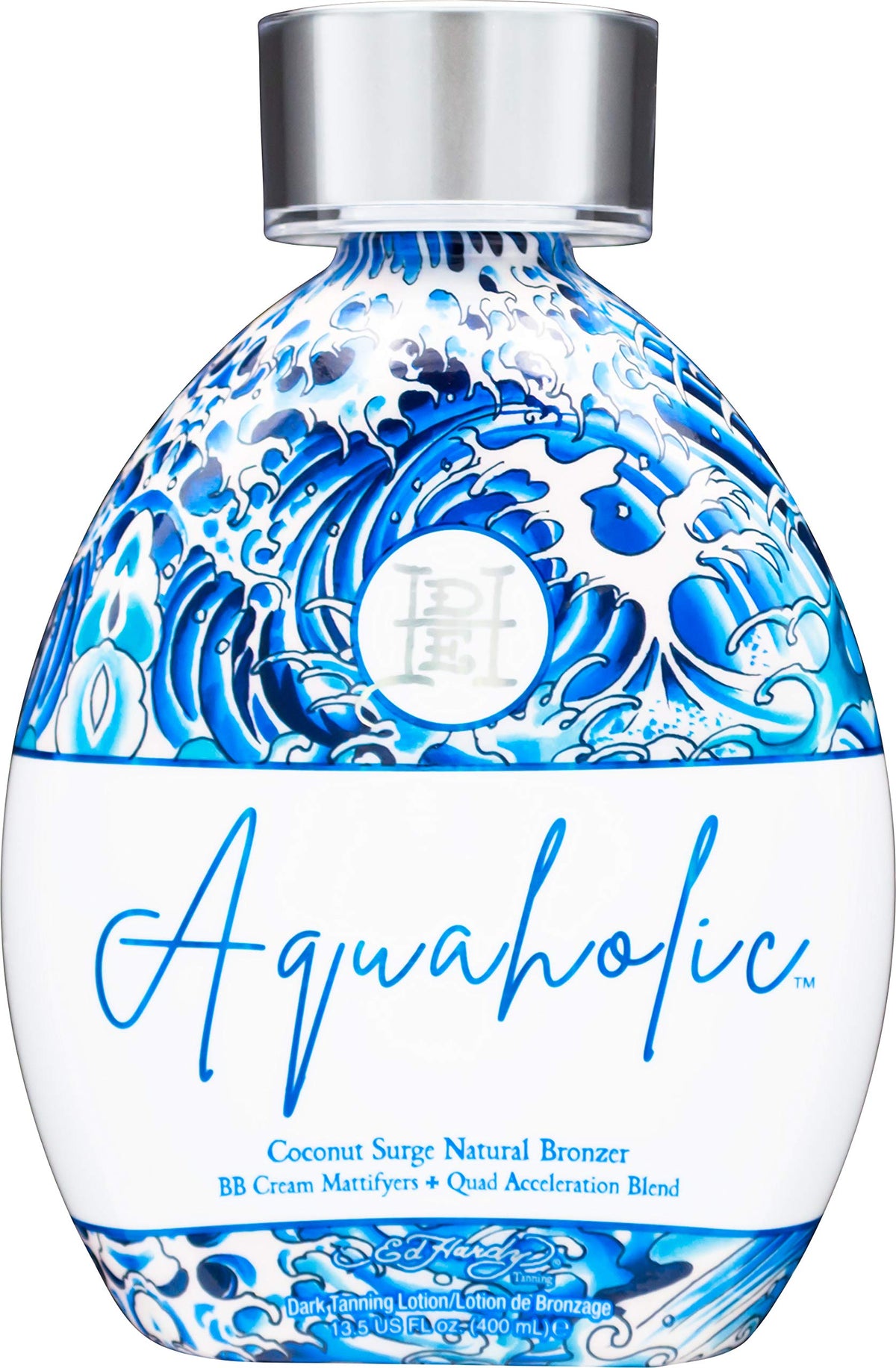 ED HARDY Aquaholic Coconut Surge bottle pour for streak-free bronzing