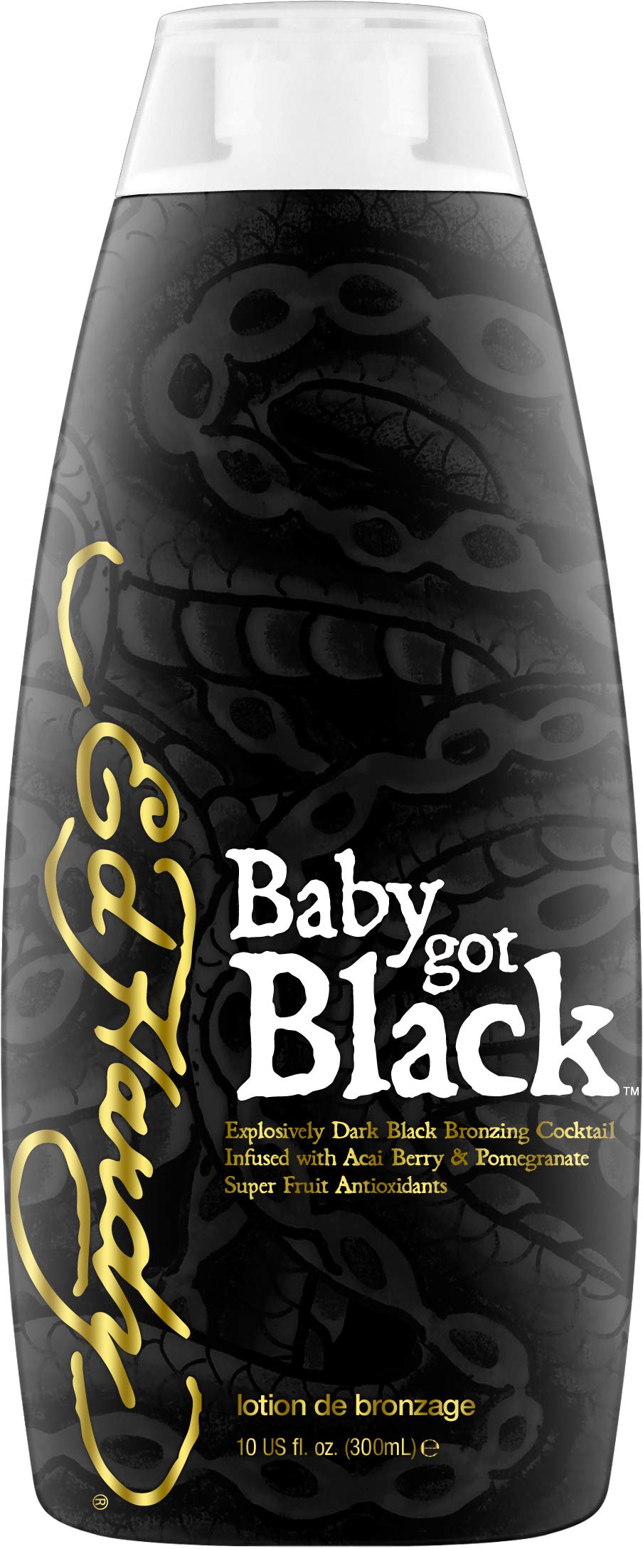 ED HARDY Baby Got Black lotion back-label closeup highlighting ingredients and antioxidants for skin protection