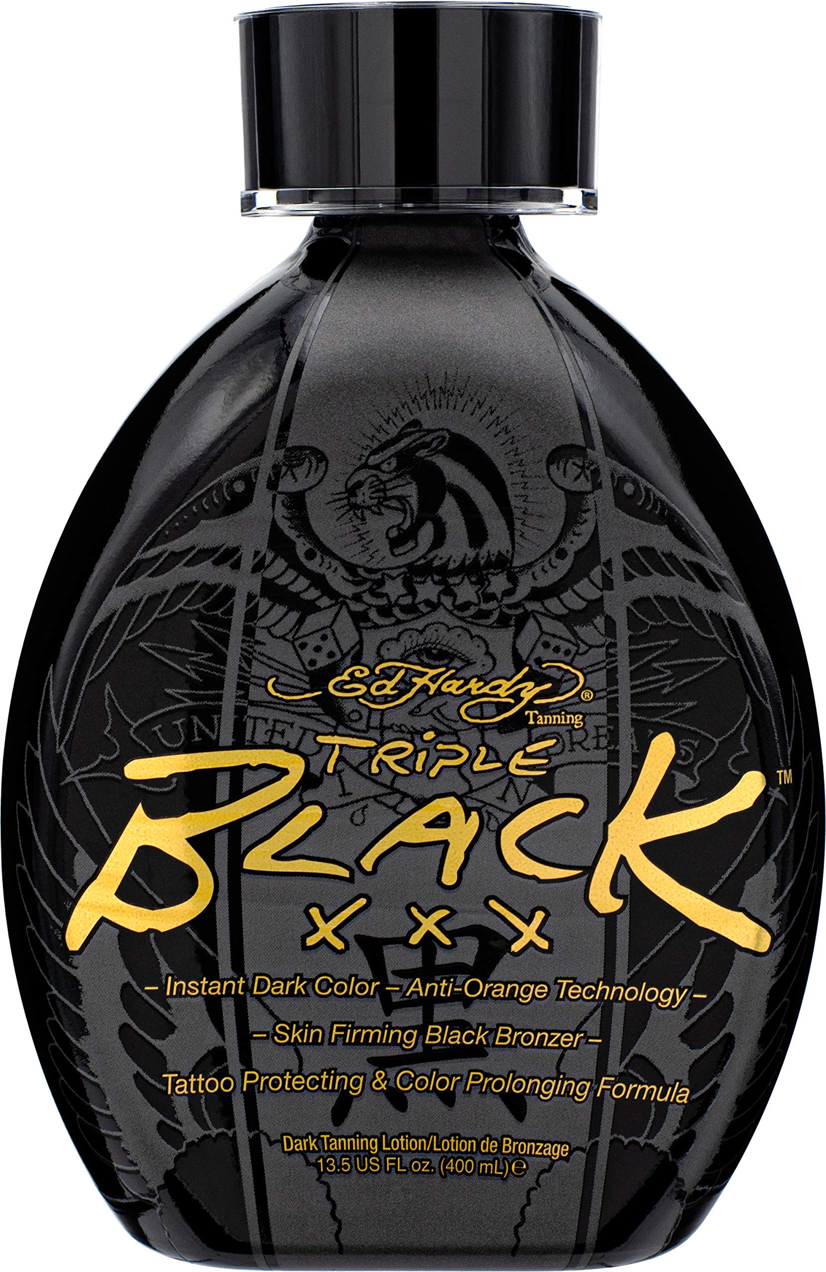 Ed Hardy Black XXX instant dark tanning lotion bottle promises deep bronze color and glow.