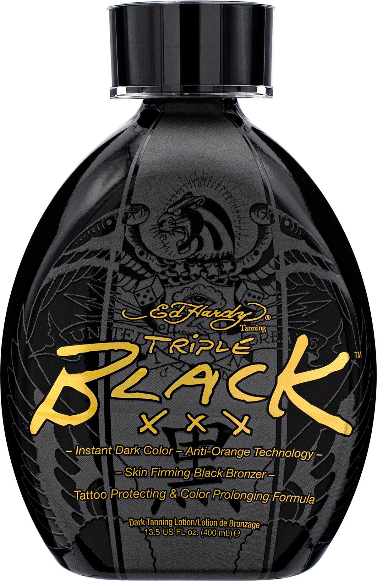Ed Hardy Black XXX instant dark tanning lotion bottle promises deep bronze color and glow.
