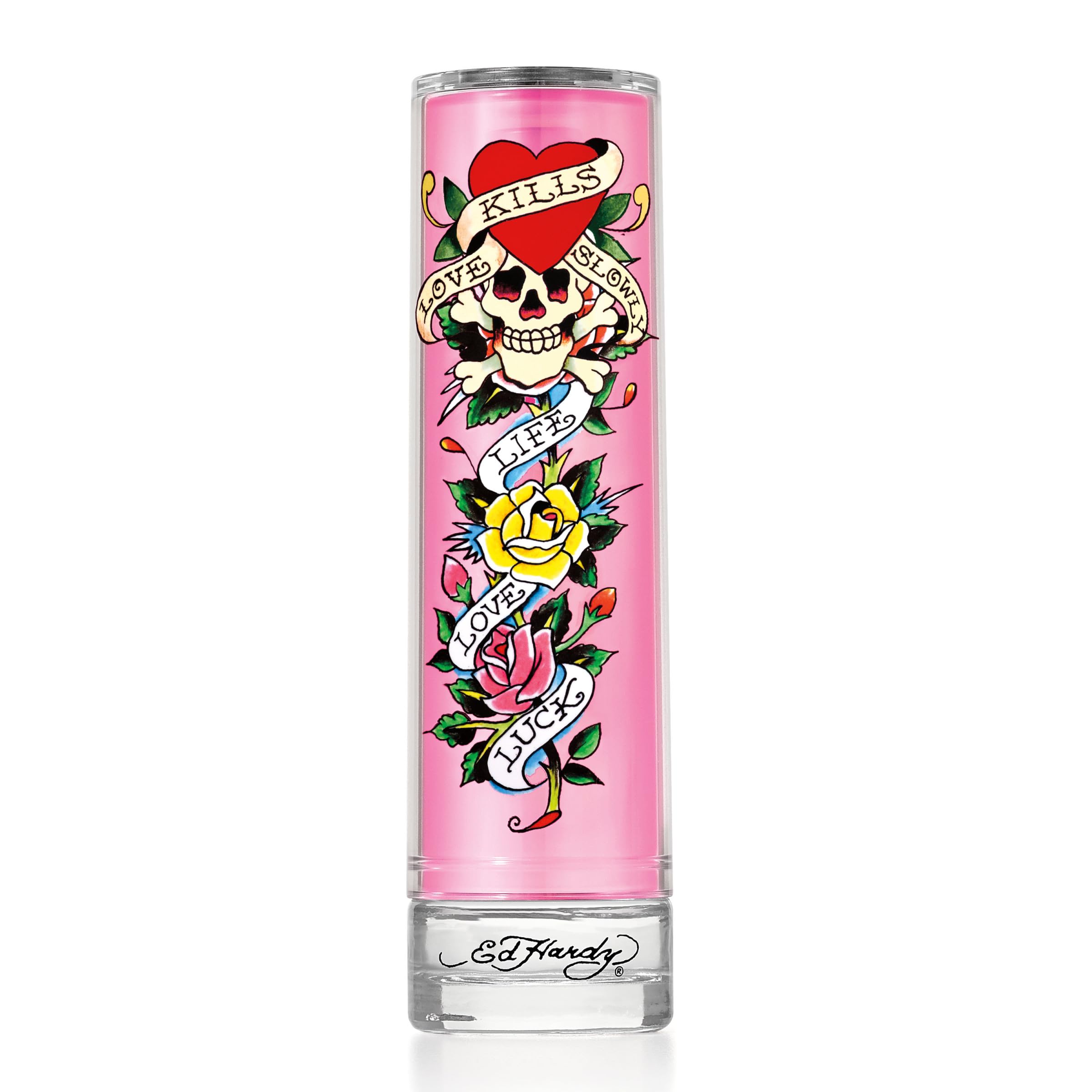 ED HARDY bottle close-up highlighting mango and freesia notes for vibrant impact