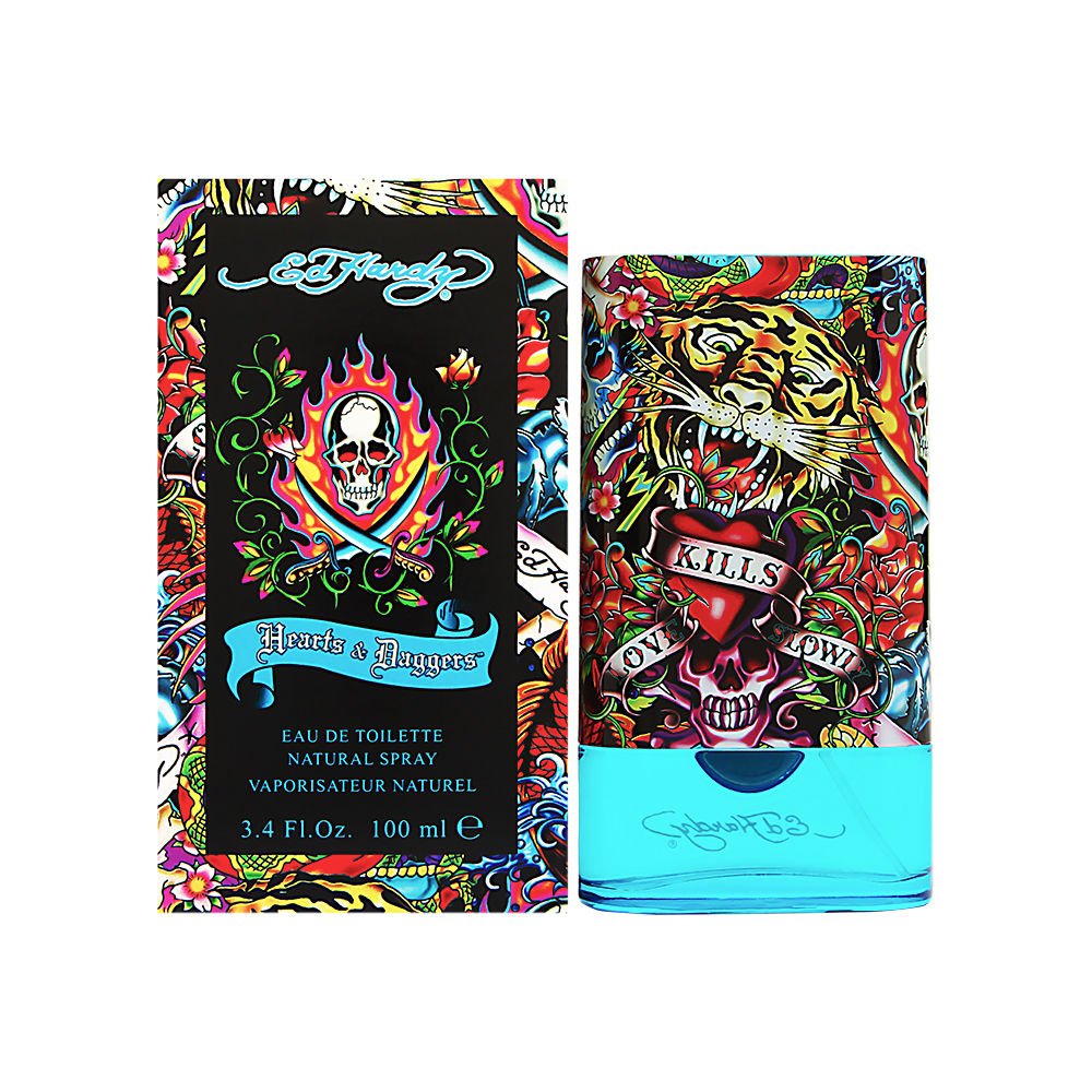 ED HARDY Hearts & Daggers bottle front view highlighting bold masculine fragrance notes for everyday wear.