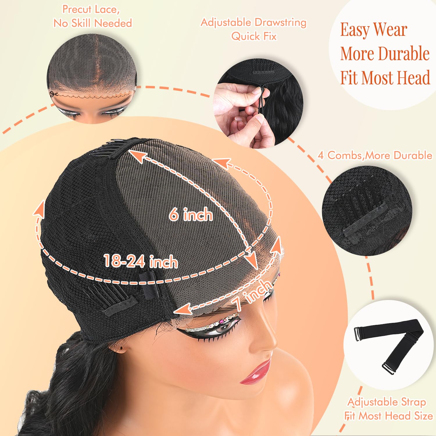 eddfine 26inch body wave wig back view with seamless cap