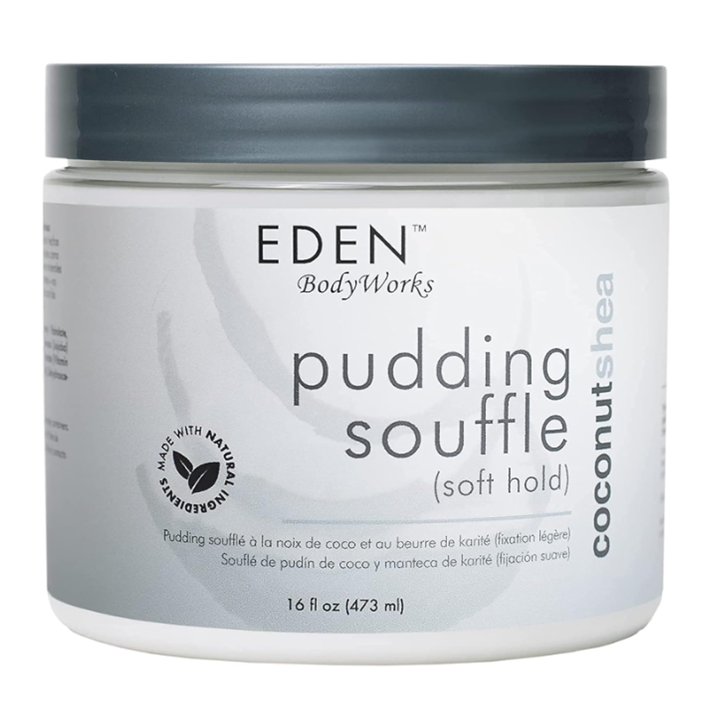 EDEN BodyWorks Coconut Shea Pudding Soufflé tub closeup shows creamy curl-defining texture.
