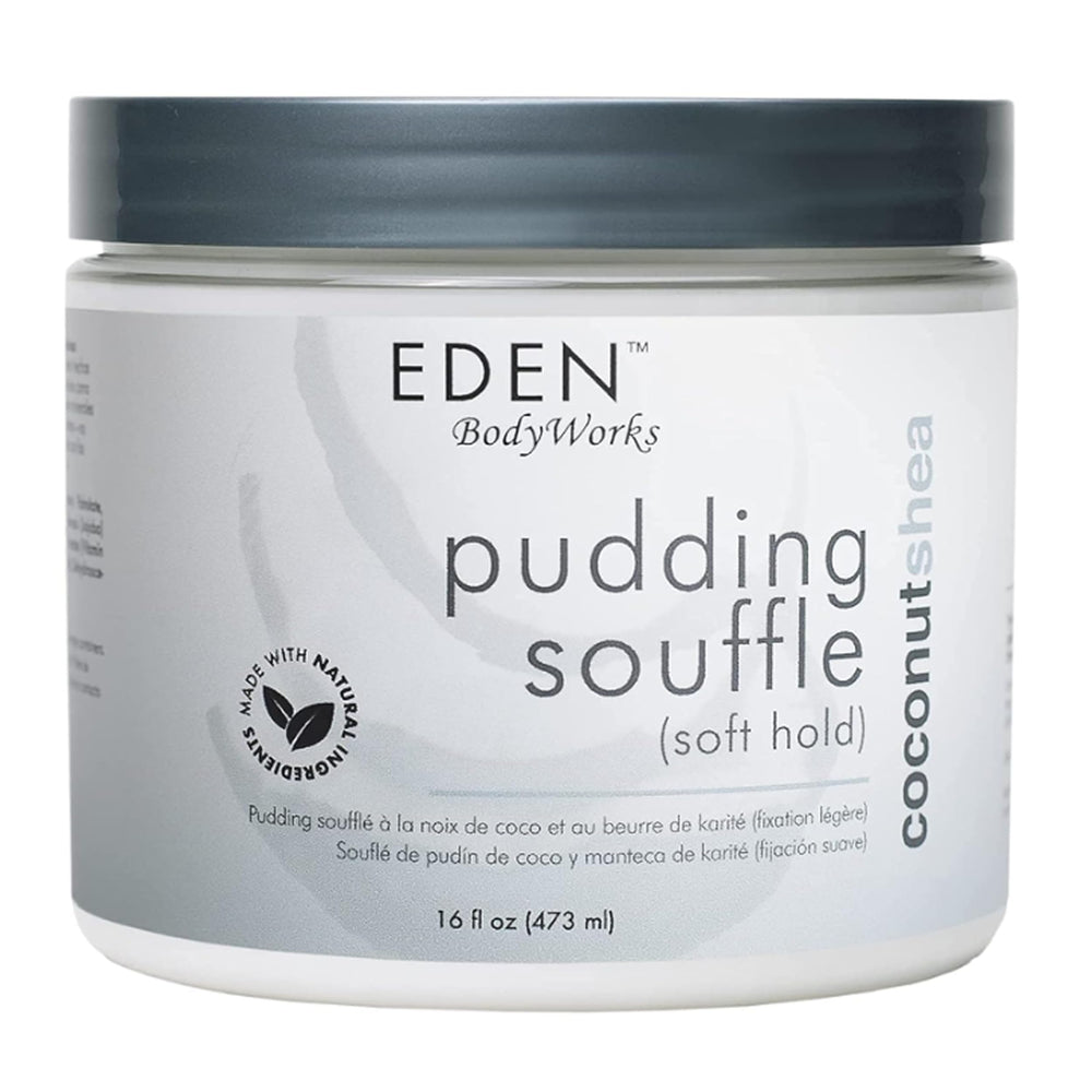 EDEN BodyWorks Coconut Shea Pudding Soufflé tub closeup shows creamy curl-defining texture.