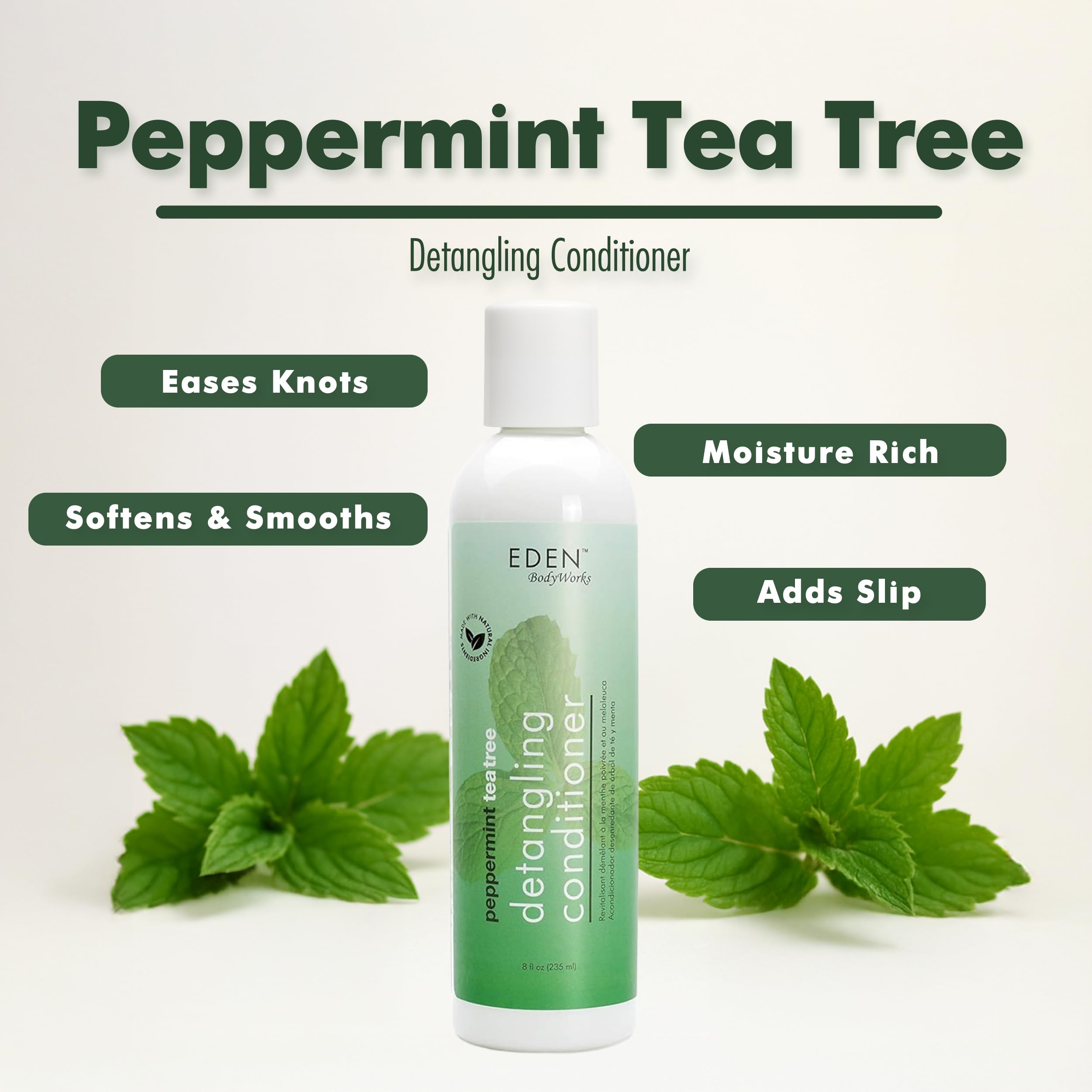 EDEN BodyWorks Peppermint Tea Tree Conditioner label focuses on soothing scalp renewal and moisture