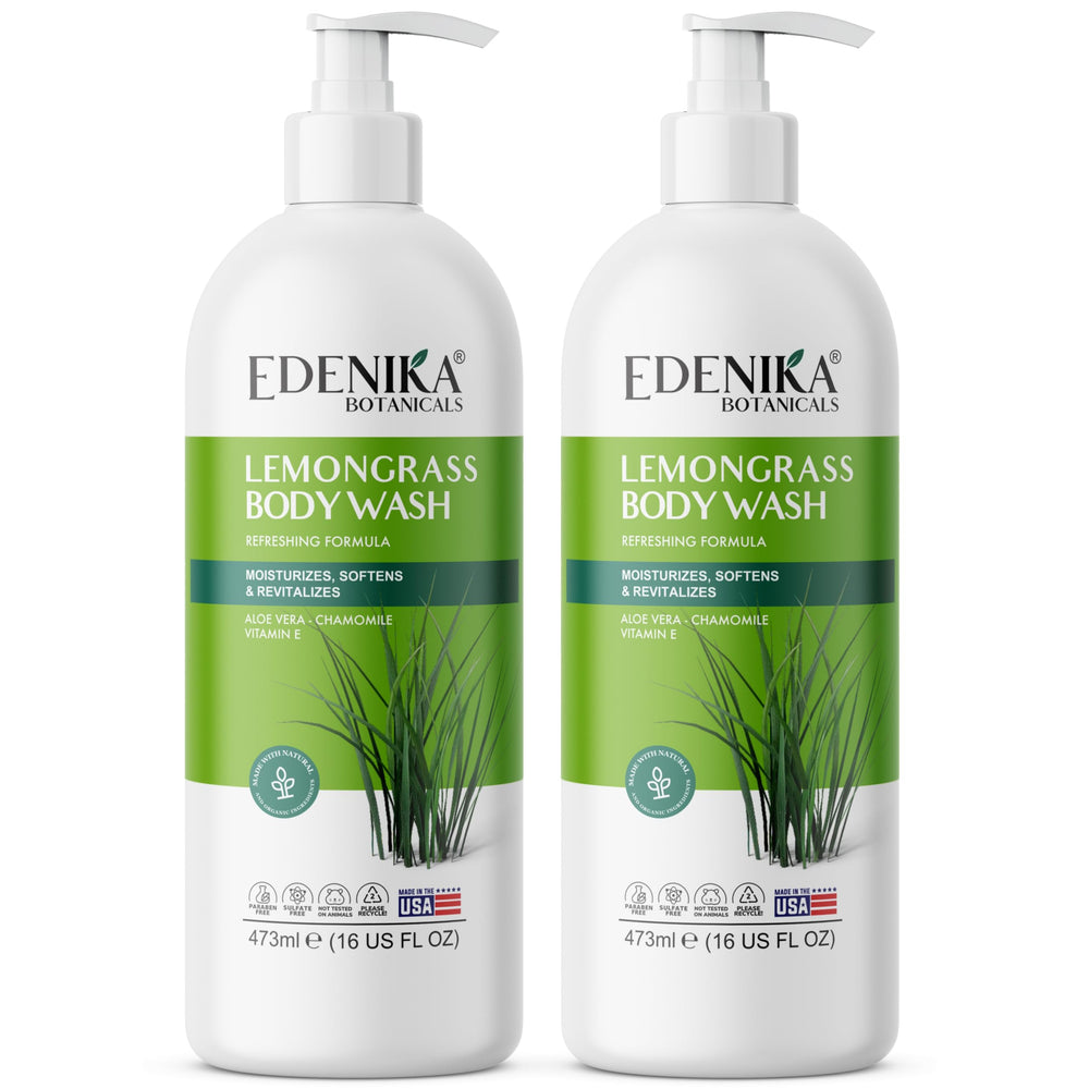 EDENIKA BOTANICALS lemongrass body wash bottle delivering a refreshing cleanse.