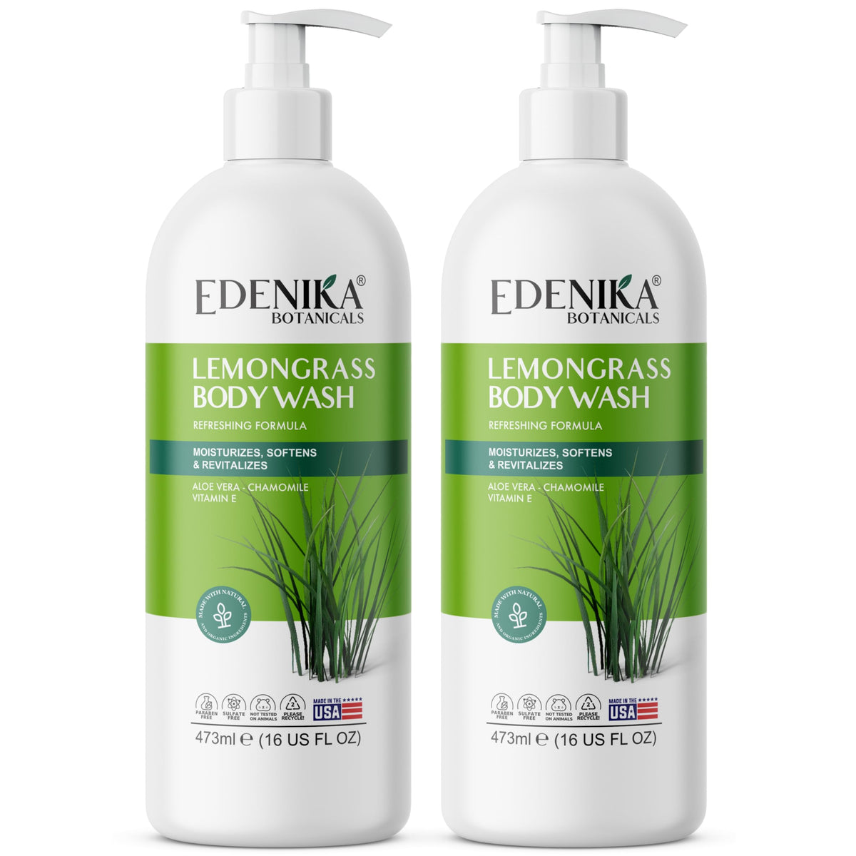 EDENIKA BOTANICALS lemongrass body wash bottle delivering a refreshing cleanse.