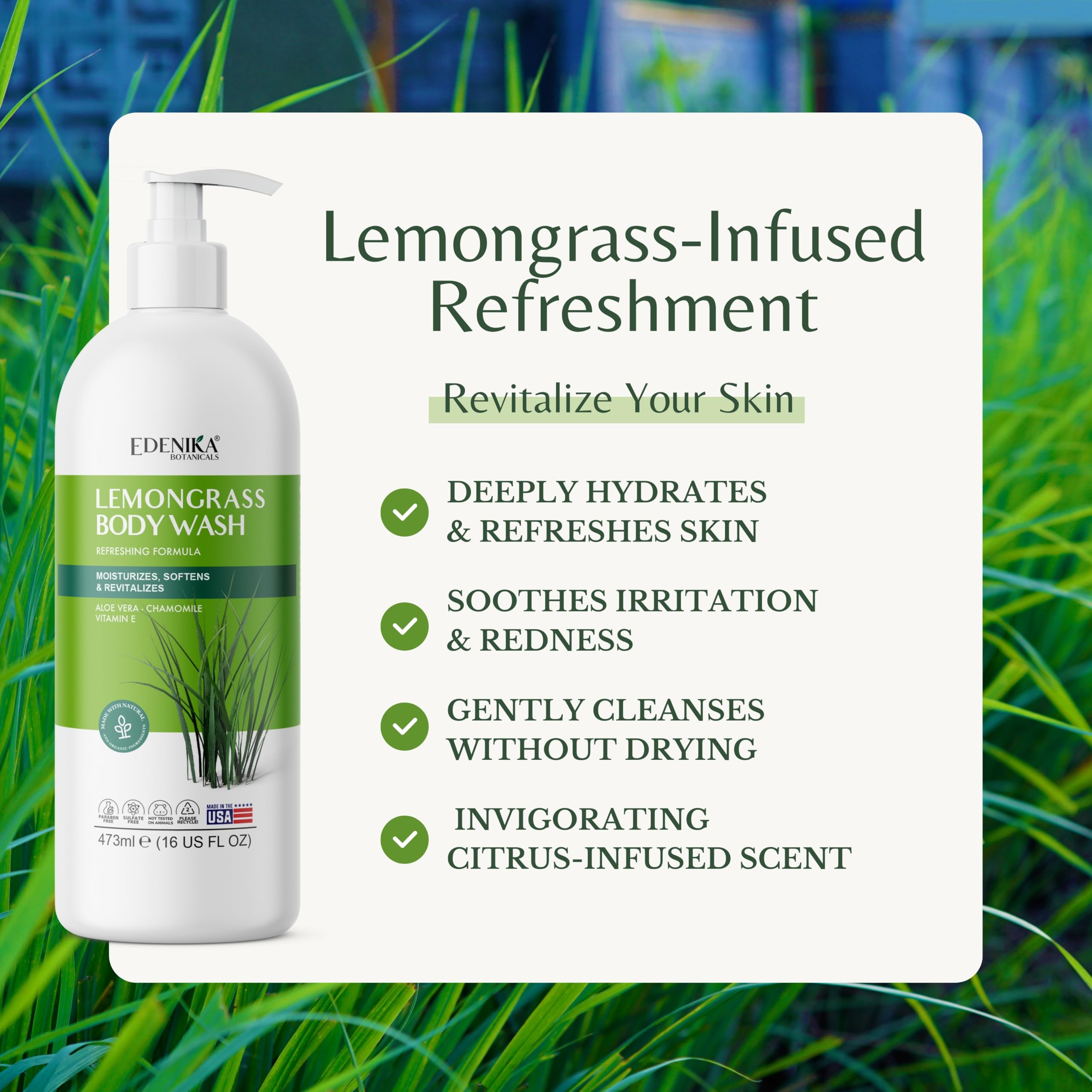 EDENIKA BOTANICALS lemongrass stalk beside bottle signals natural scent and clean formula.