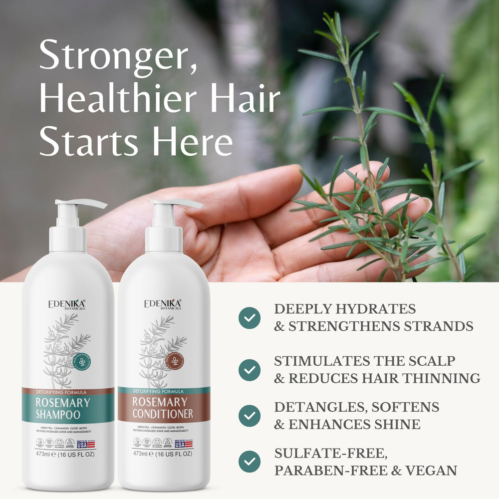 Edenika Botanicals Rosemary Oil Shampoo bottle highlighting its natural ingredients.
