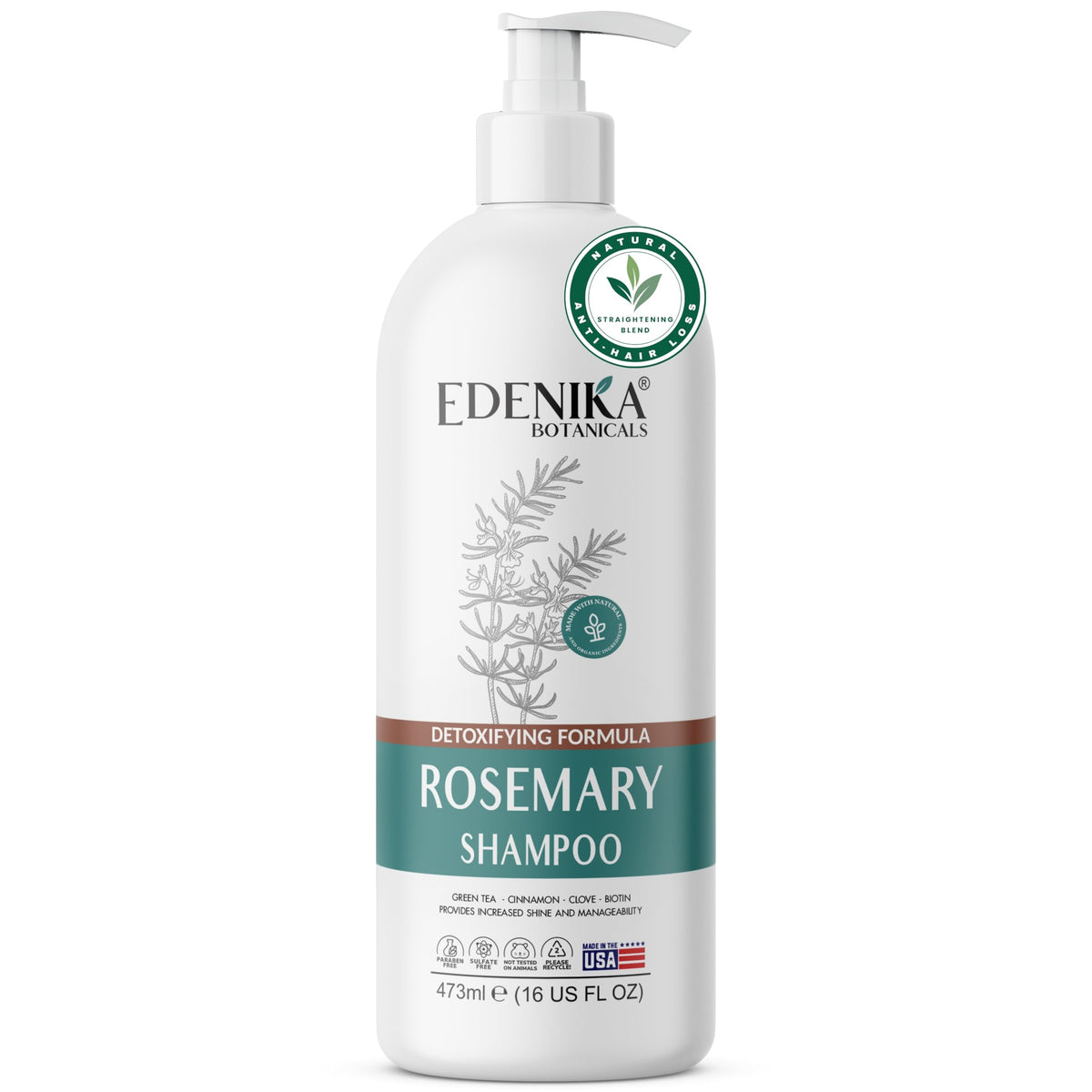 Edenika Botanicals rosemary oil shampoo bottle showing strengthening formula for thinning hair