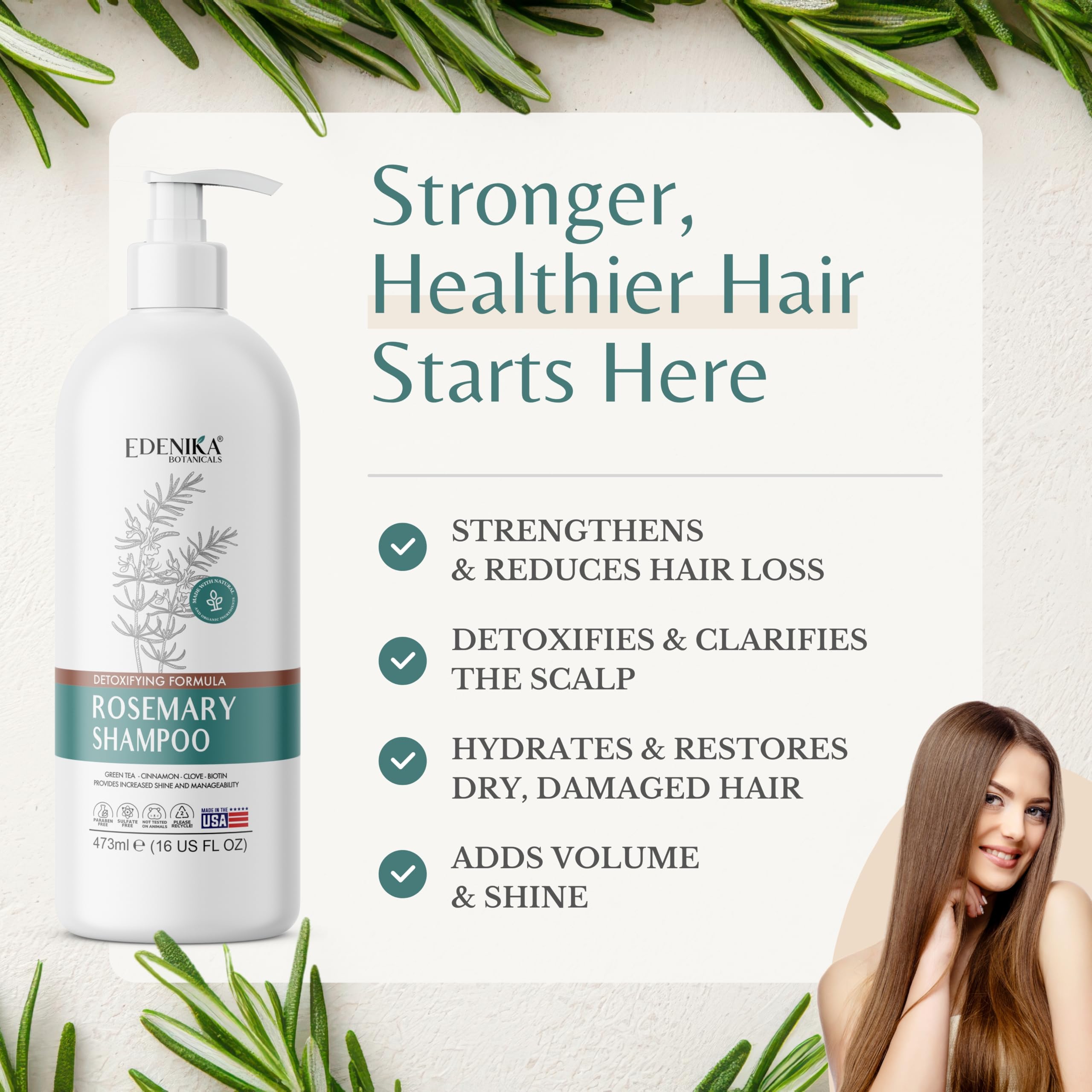 Close-up of Edenika bottle pump highlighting organic, sulfate-free care for healthy scalp
