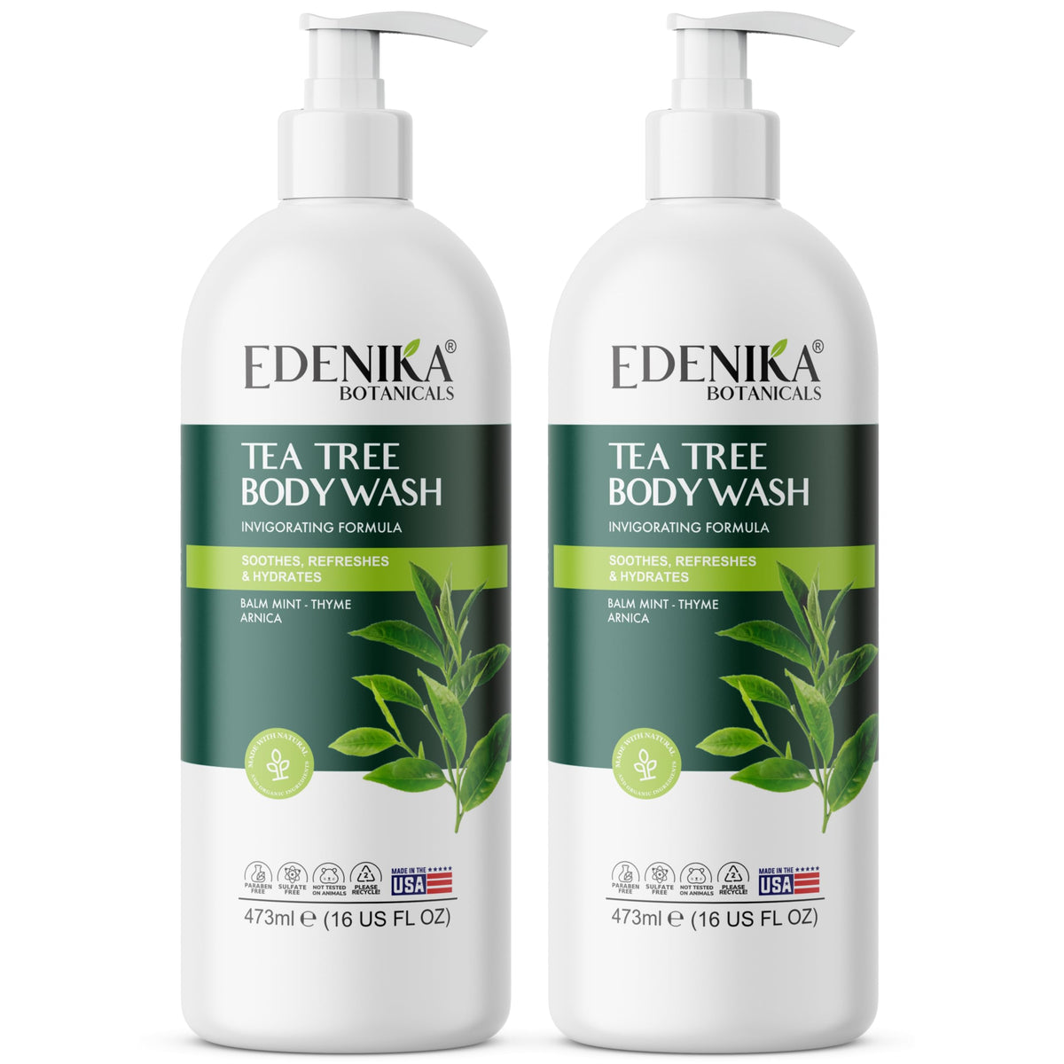 EDENIKA BOTANICALS Tea Tree Oil Body Wash bottle front shows refreshing cleanse for sensitive skin.