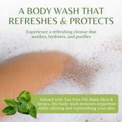 EDENIKA BOTANICALS Tea Tree Oil Body Wash label top highlights organic, sulfate-free formula.