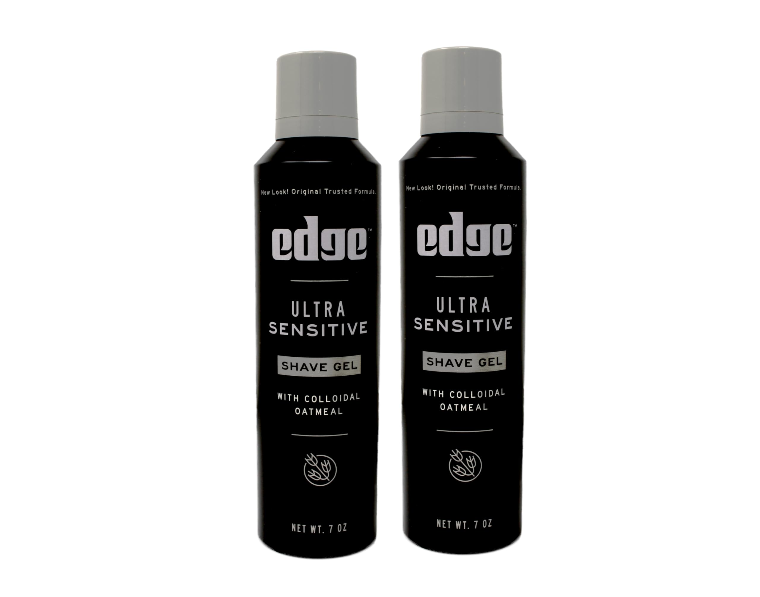 Edge Ultra Sensitive Shave Gel 7oz bottle closeup highlighting soothing colloidal oatmeal for sensitive skin