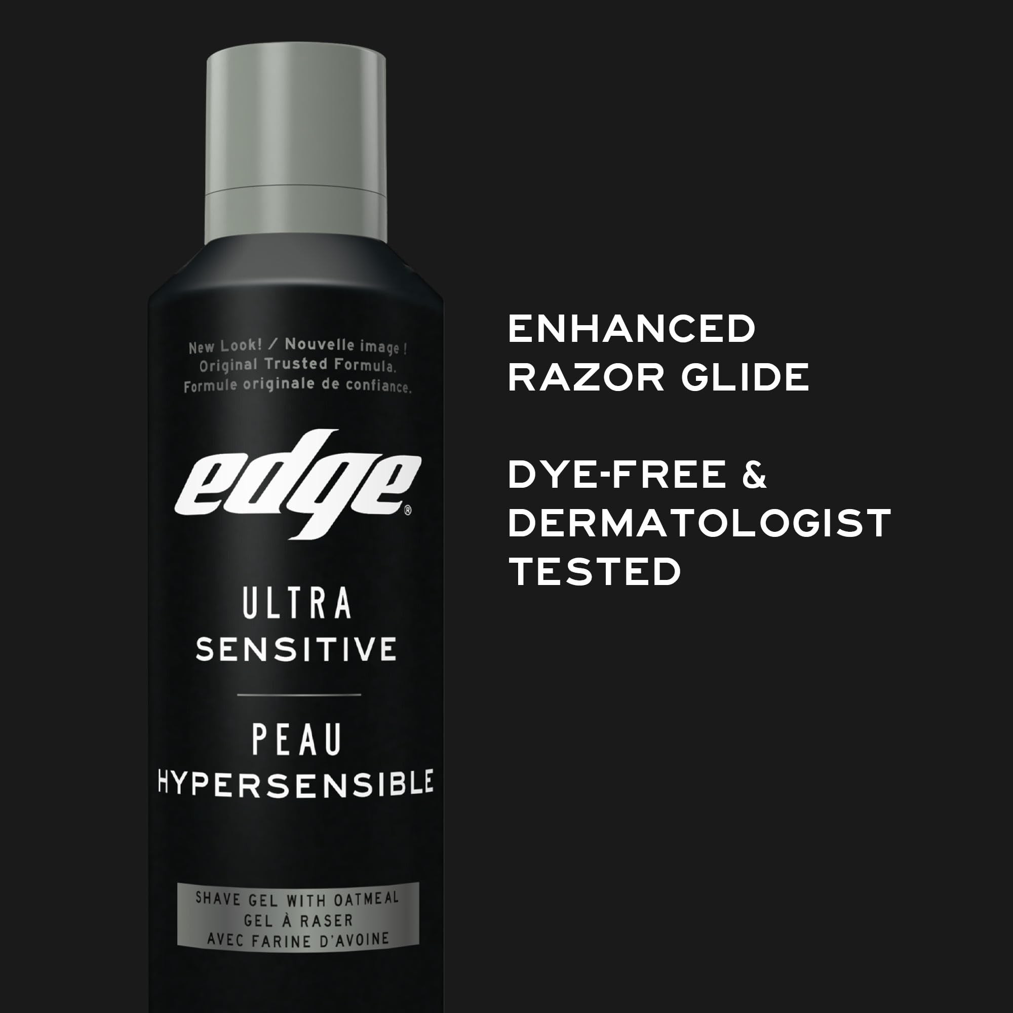 Edge Ultra Sensitive Skin Unscented Shaving Gel 198g packaging-label showing dye-free, perfume-free formula.