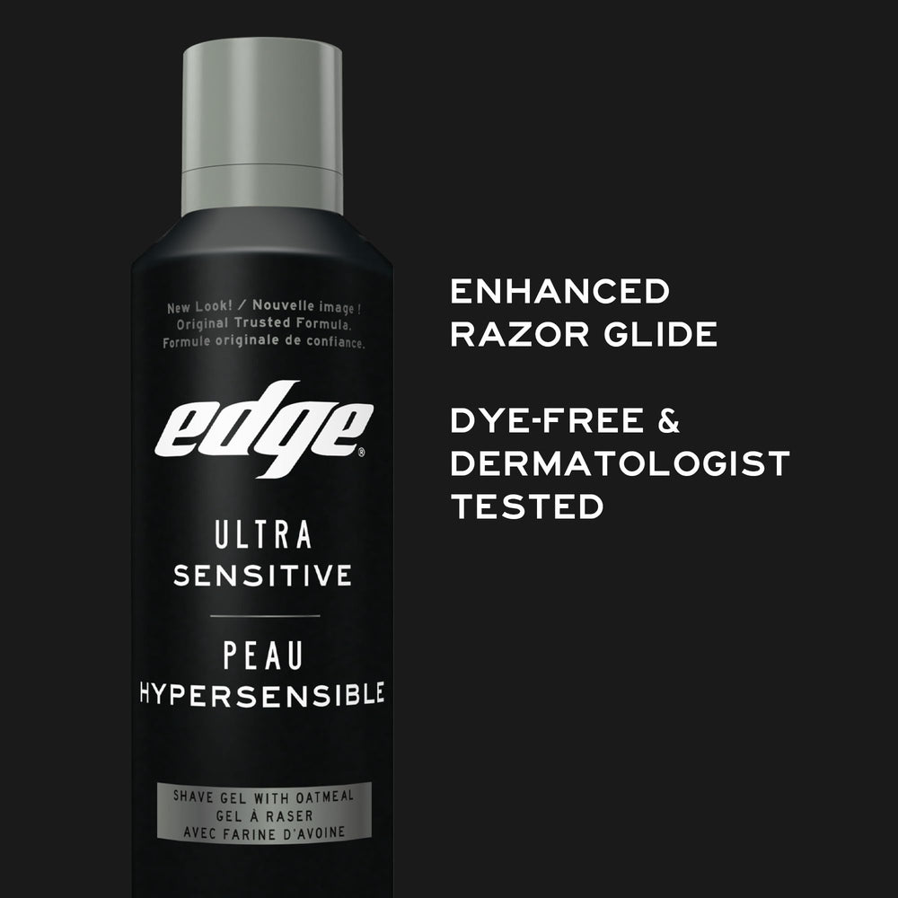 Edge Ultra Sensitive Skin Unscented Shaving Gel 198g packaging-label showing dye-free, perfume-free formula.