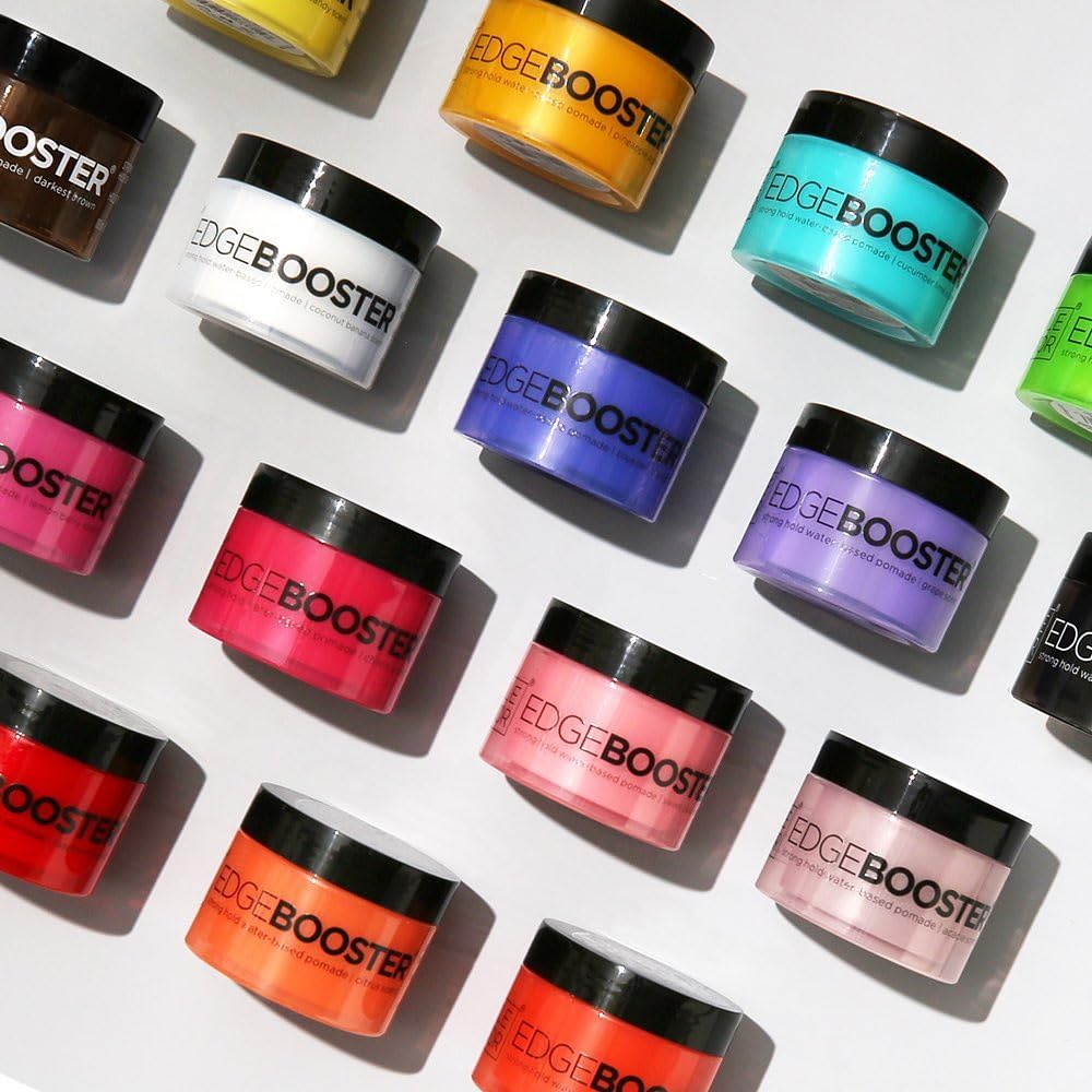 EDGEBOOSTER Strong Hold water-based pomade jar delivering non-greasy wash-out and nourished hair.