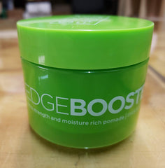 Edge Booster emerald label closeup highlights moisture-rich pomade