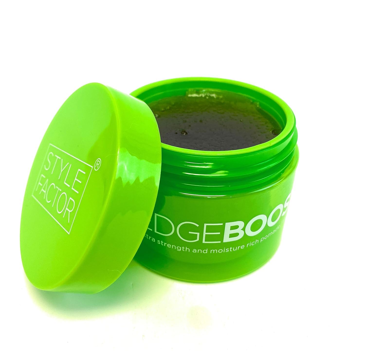 Edge Booster Style Factor pomade on styled hair demonstrates lasting hold