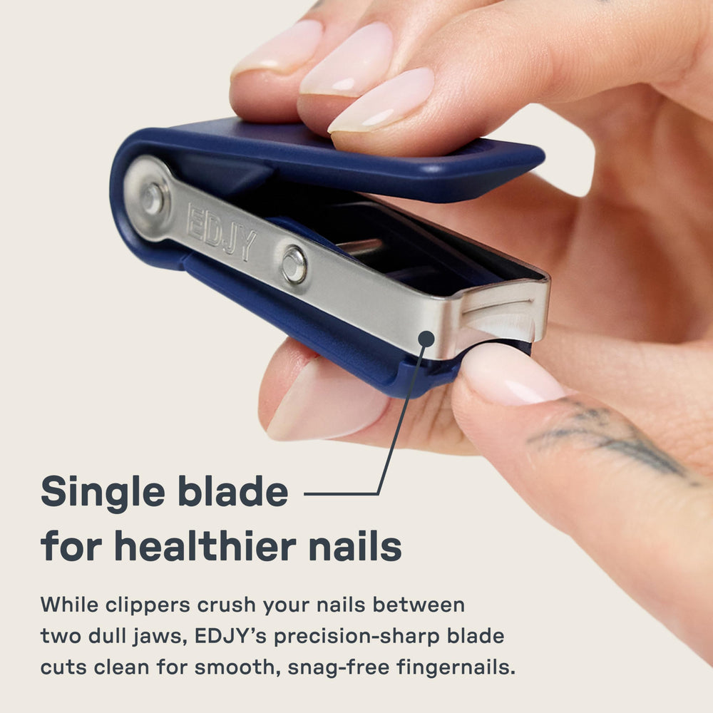 EDJY fingernail cutter close-up blade highlights surgical-grade steel for sharp cuts.