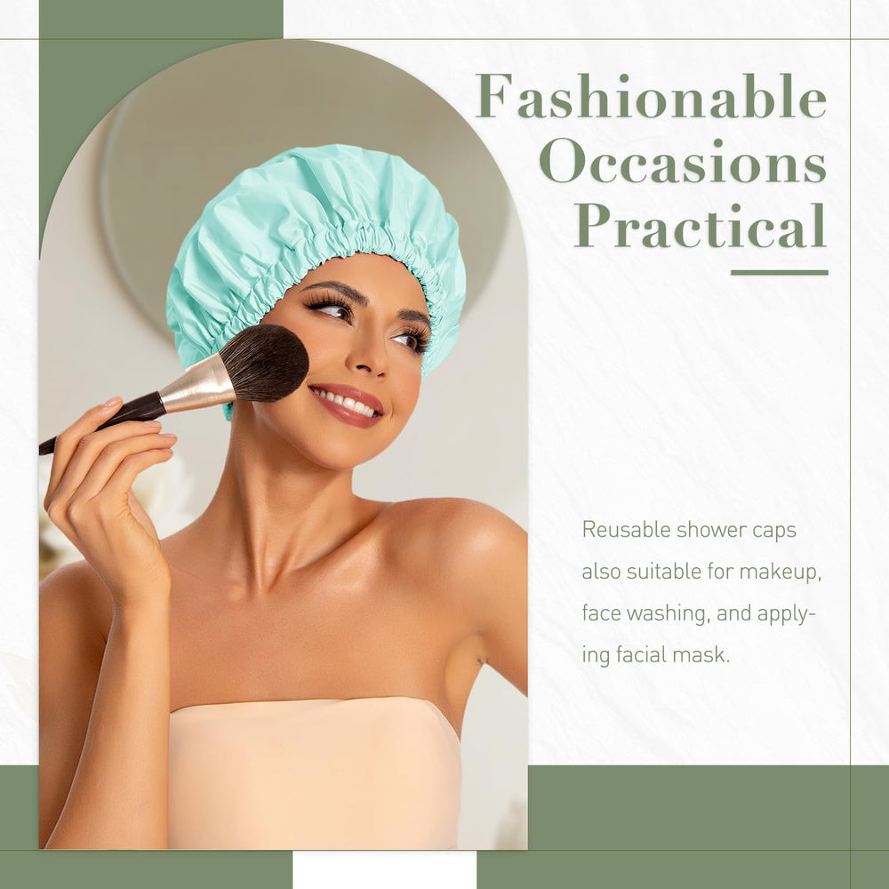 Edoneery mint-green shower cap close-up shows durable elastic band for secure fit.
