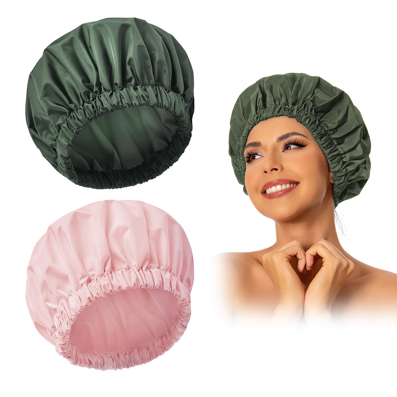 Edoneery reusable shower cap pink green model protects long hair during shower.